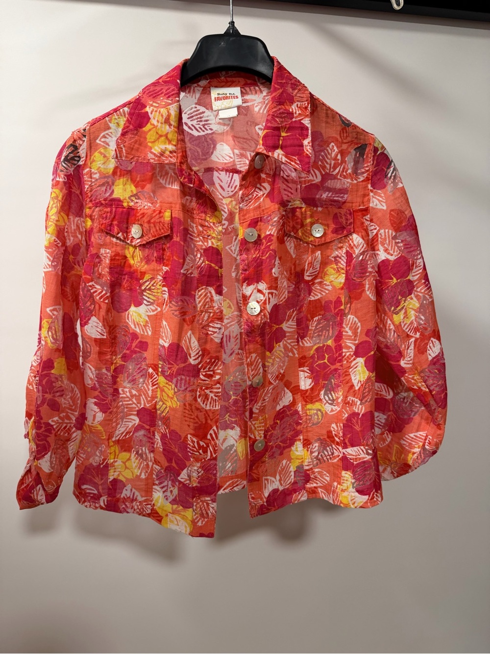Ruby Rd. Coral-Pink Printed Button-Front Blouse Jacket - Picture 3 of 9